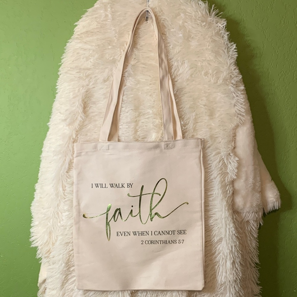 Cream Canvas Tote with Green 'Faith' Script